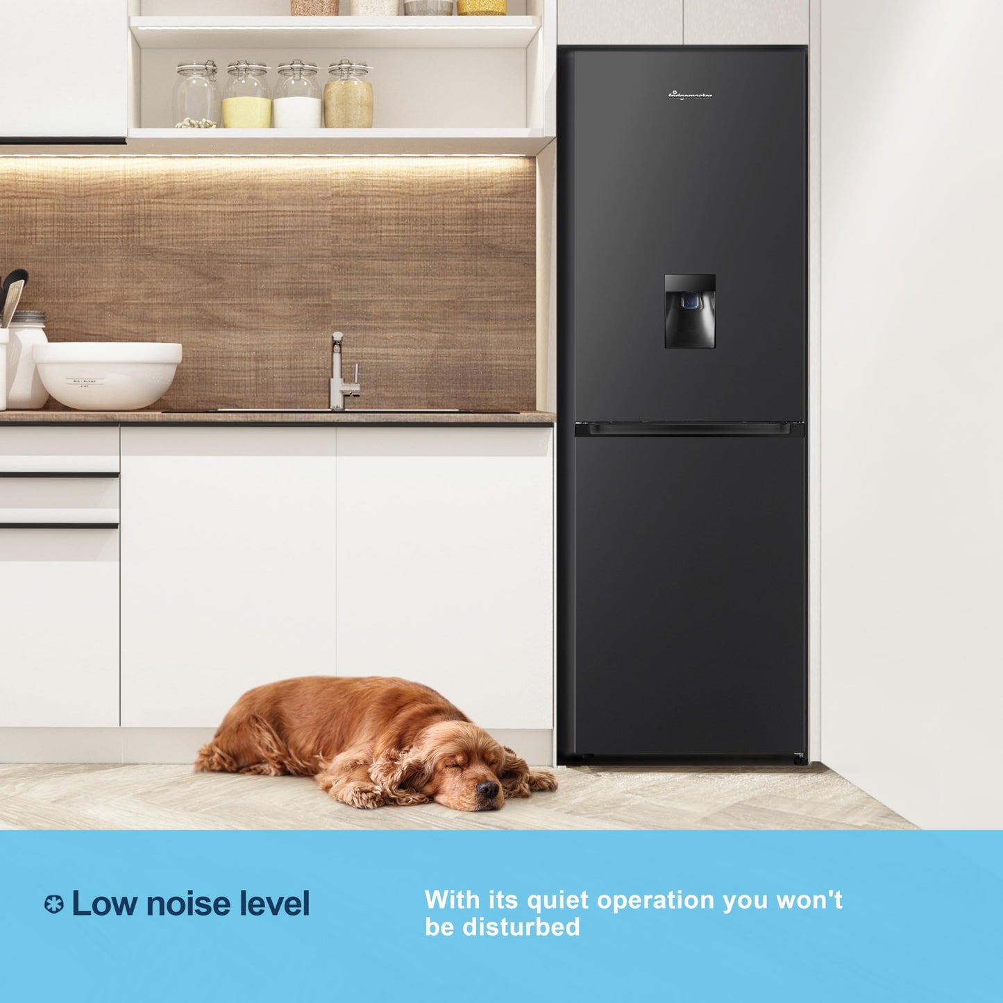 Fridgemaster MC55251DEB 55cm Freestanding 256 litre 50/50 Fridge Freezer with Non-plumbed Water Dispenser - Frost Free - LED Lighting- 4 Star Freezer Rating -Black - E Rated, H182.4 x W55 x D55.7 (cm)