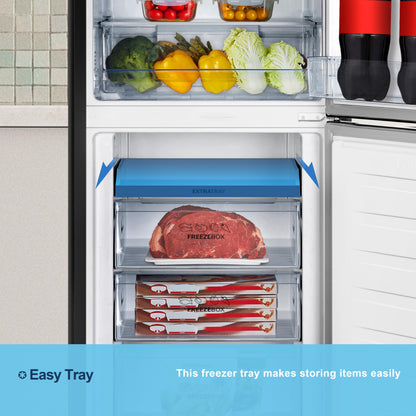 Fridgemaster MC55251DEB 55cm Freestanding 256 litre 50/50 Fridge Freezer with Non-plumbed Water Dispenser - Frost Free - LED Lighting- 4 Star Freezer Rating -Black - E Rated, H182.4 x W55 x D55.7 (cm)