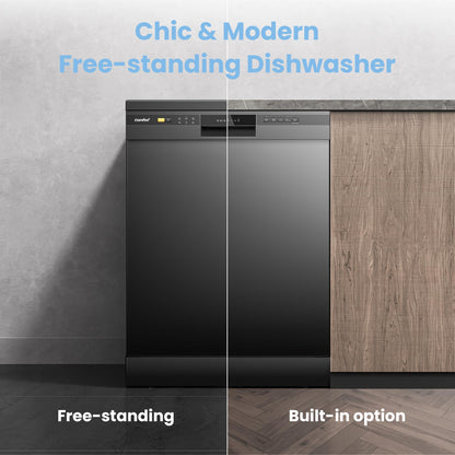 COMFEE' Freestanding Dishwasher CDWPF1201PB-UK 60cm Width, Full Size Dishwasher with 12 place settings, Quick Wash, Hygiene Wash, Delay Start, Half Load - Black