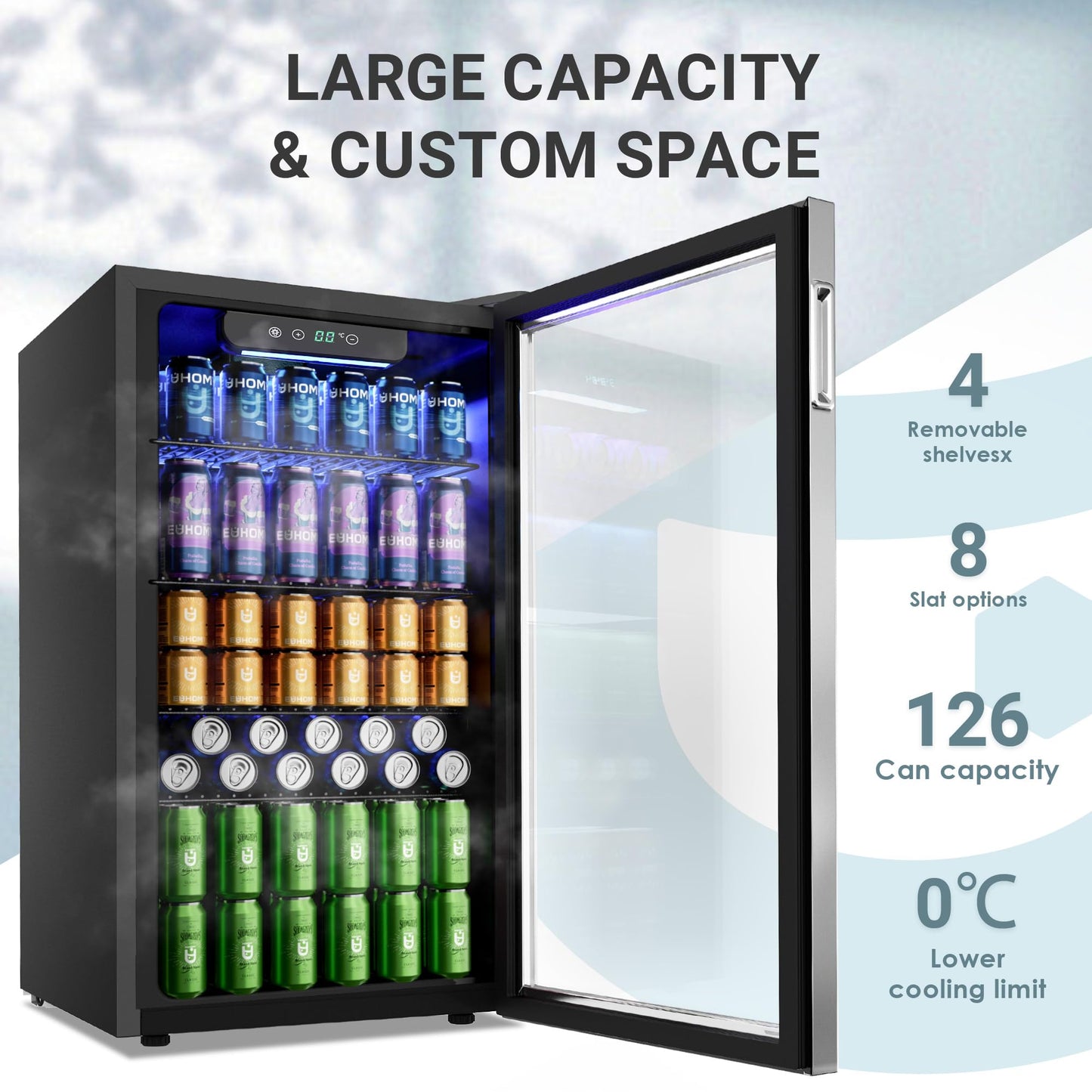 EUHOMY 90L Drinks Fridge, 126 Can Beer Fridge with Glass Door, Small Refrigerator with Adjustable Shelves for Soda Beer or Wine, Home/Bar/Office, Silver, Steel, One-Touch Control