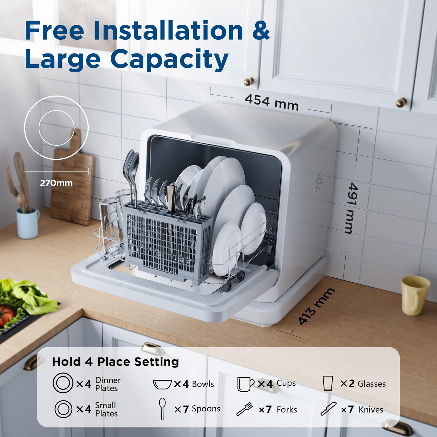 Gudsunal Table Top Dishwasher Countertop, 7L Detachable Water Tank, 6 Programs,No Hookup Needed, 192℉ HI-Temp Hygiene, Hybrid Drying & Preserve Fuction, Mini Dishwasher for RV & Apartment,White