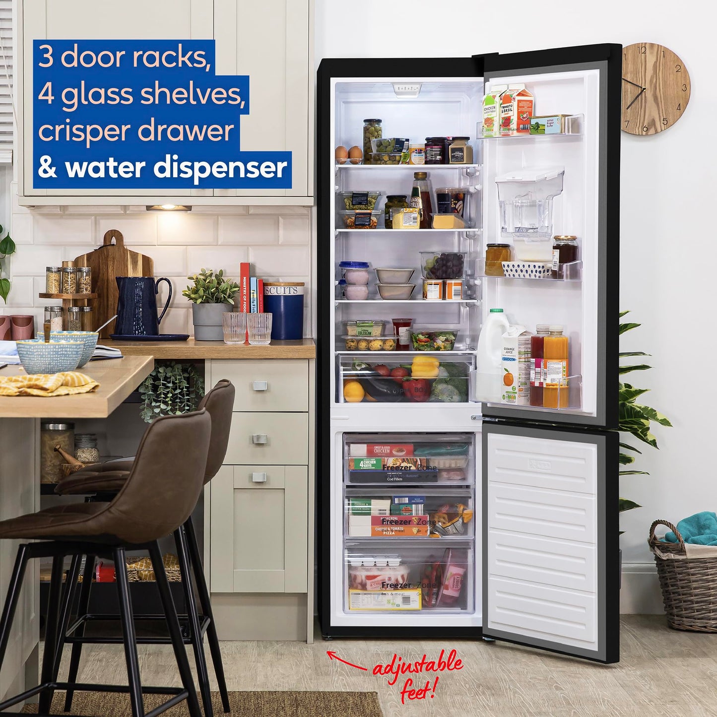 Russell Hobbs Fridge Freezer Freestanding Frost Free with Water Dispener Reversible Door, Adjustable Thermostat & Feet, 70/30 279L, 180cm High, LED Light, 2 Year Guarantee Black RH180FFFF551E1BWD