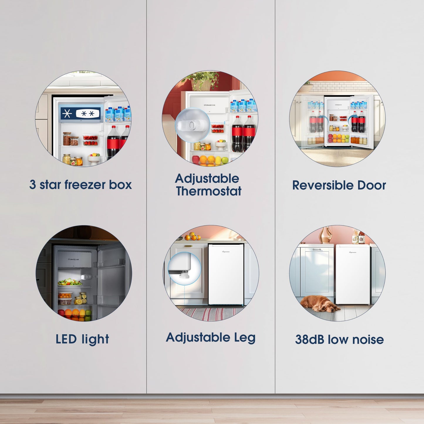 Fridgemaster MUR4894E 82L Under Counter Fridge with LED Lighting, Adjustable Temperature Control, Reversible Door and 3 star Ice Box, White, E rated
