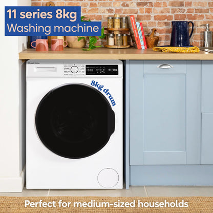 Russell Hobbs Freestanding Washing Machine, 8kg Capacity, 1400 rpm, 15 Programmes, Eco Technology, Rapid Wash Cycles, White, RH814W111W