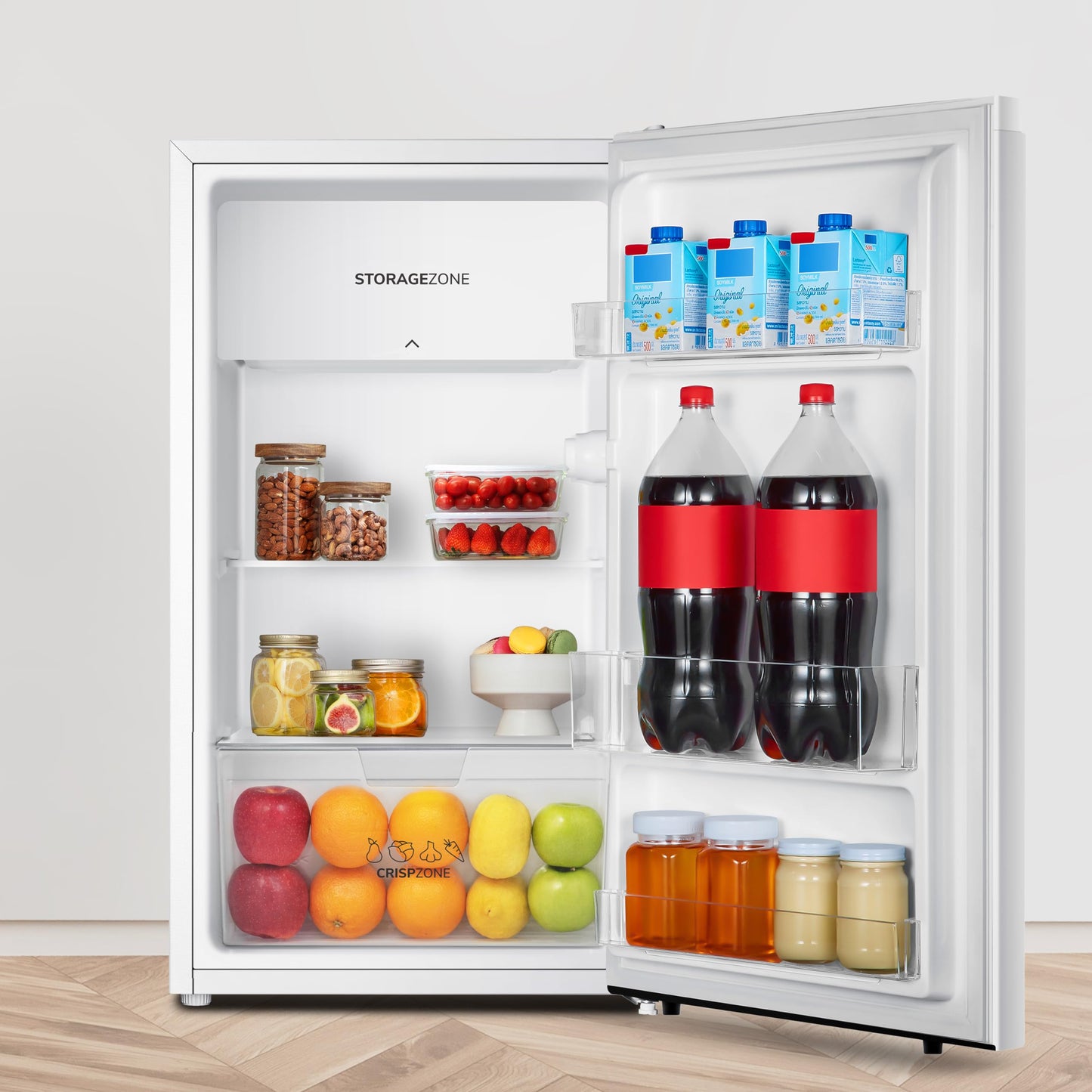 Fridgemaster MUR4894E 82L Under Counter Fridge with LED Lighting, Adjustable Temperature Control, Reversible Door and 3 star Ice Box, White, E rated