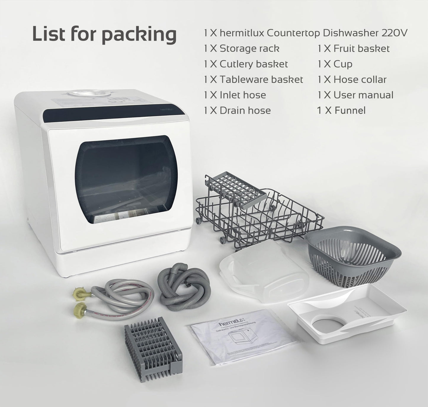 Hermitlux Table Top Dishwasher for 5 Place Settings (5L Tank), Tabletop Dishwasher no Plumbing with 6 Programmes Including 360° Spray Arms | Hot - Air Drying | Energy Class D | No Installation