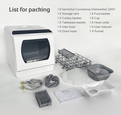 Hermitlux Table Top Dishwasher for 5 Place Settings (5L Tank), Tabletop Dishwasher no Plumbing with 6 Programmes Including 360° Spray Arms | Hot - Air Drying | Energy Class D | No Installation