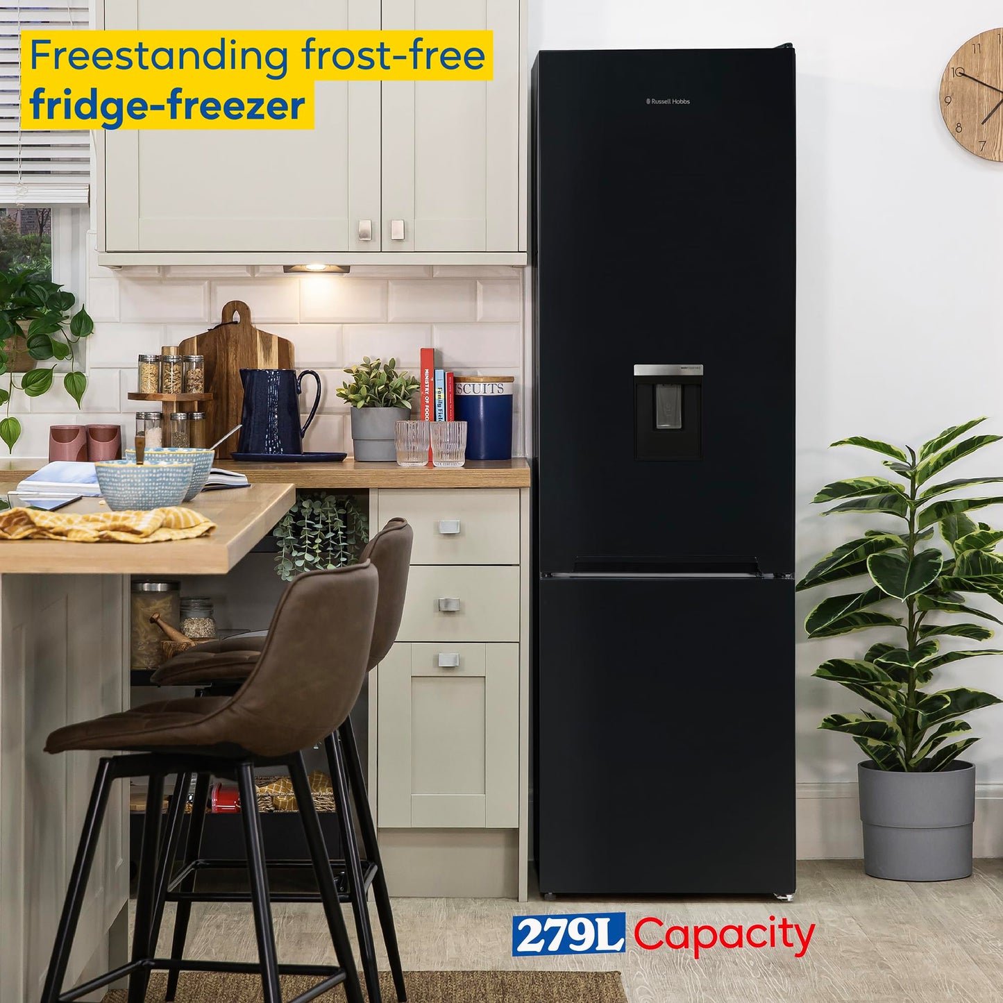Russell Hobbs Fridge Freezer Freestanding Frost Free with Water Dispener Reversible Door, Adjustable Thermostat & Feet, 70/30 279L, 180cm High, LED Light, 2 Year Guarantee Black RH180FFFF551E1BWD