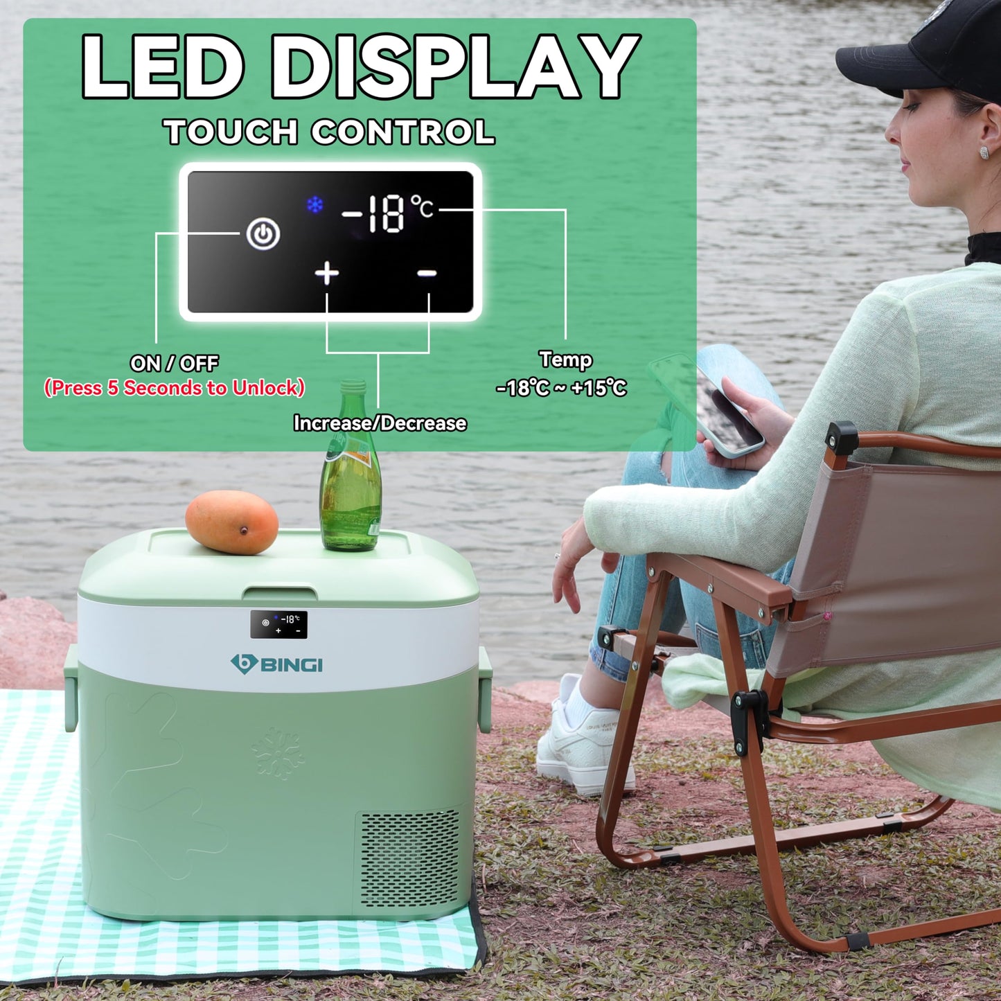 BINGI Portable Car Fridge Freezer 22L, 12V/24V DC & 100-240V AC Dual Power, -18℃ to 15℃ Adjustable Car Refrigerator, Cooler Box for Camping Campervan, Travel, RV, Truck, Picnic, Boat