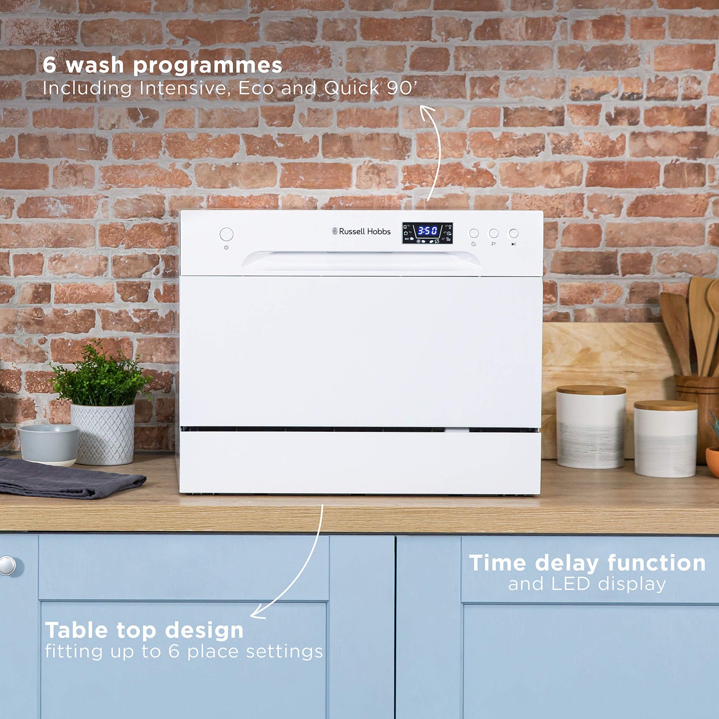 Russell Hobbs RHTTDW6W Freestanding Compact Dishwasher, Eco mode, 6 place_settings, White, Noise level : decibels 52