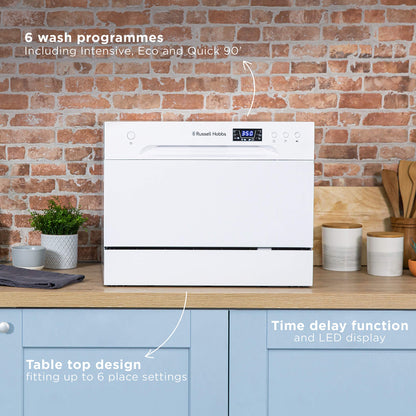 Russell Hobbs RHTTDW6W Freestanding Compact Dishwasher, Eco mode, 6 place_settings, White, Noise level : decibels 52